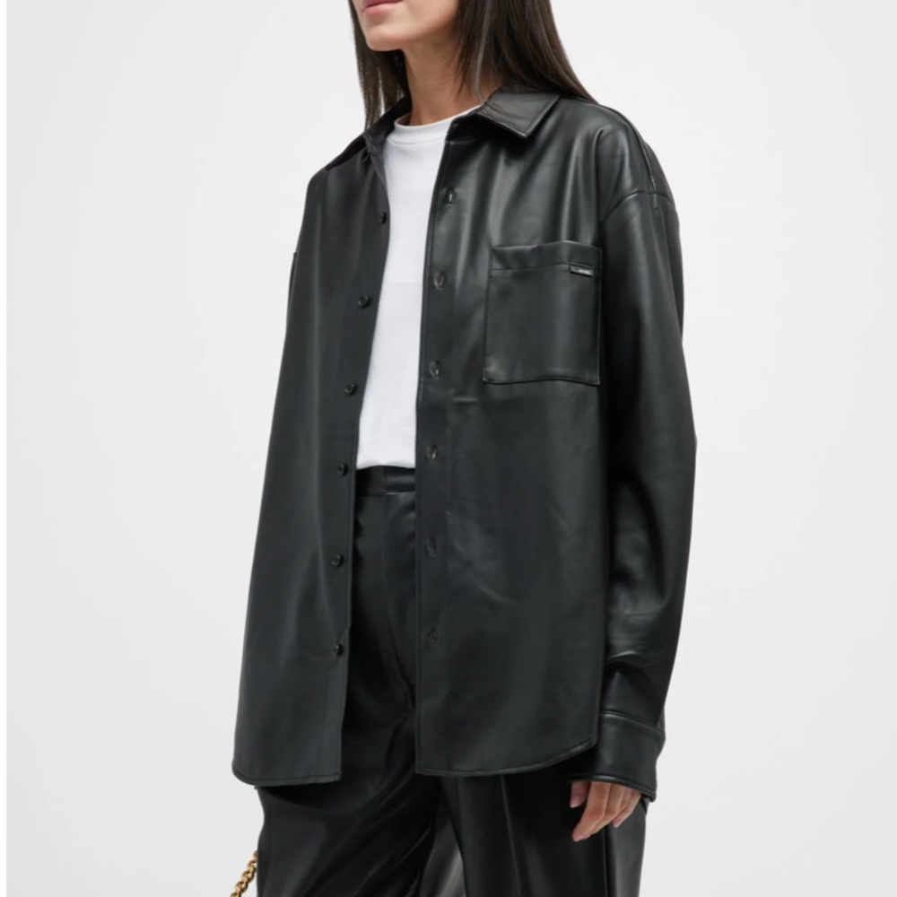 NWT $275 MOTHER The Roomie Frenchie Button-Front Shirt in Faux Leather - Large!
